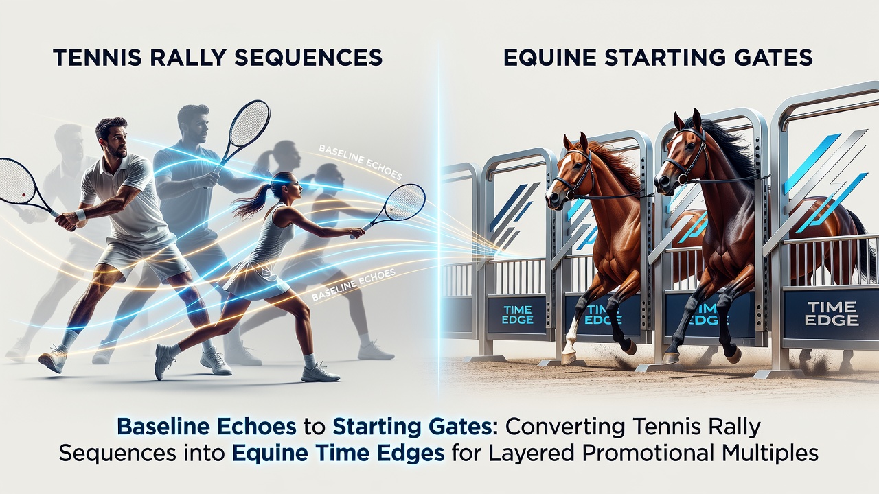Tennis court with overlaid data visualizations transitioning into horse racing track timing graphics