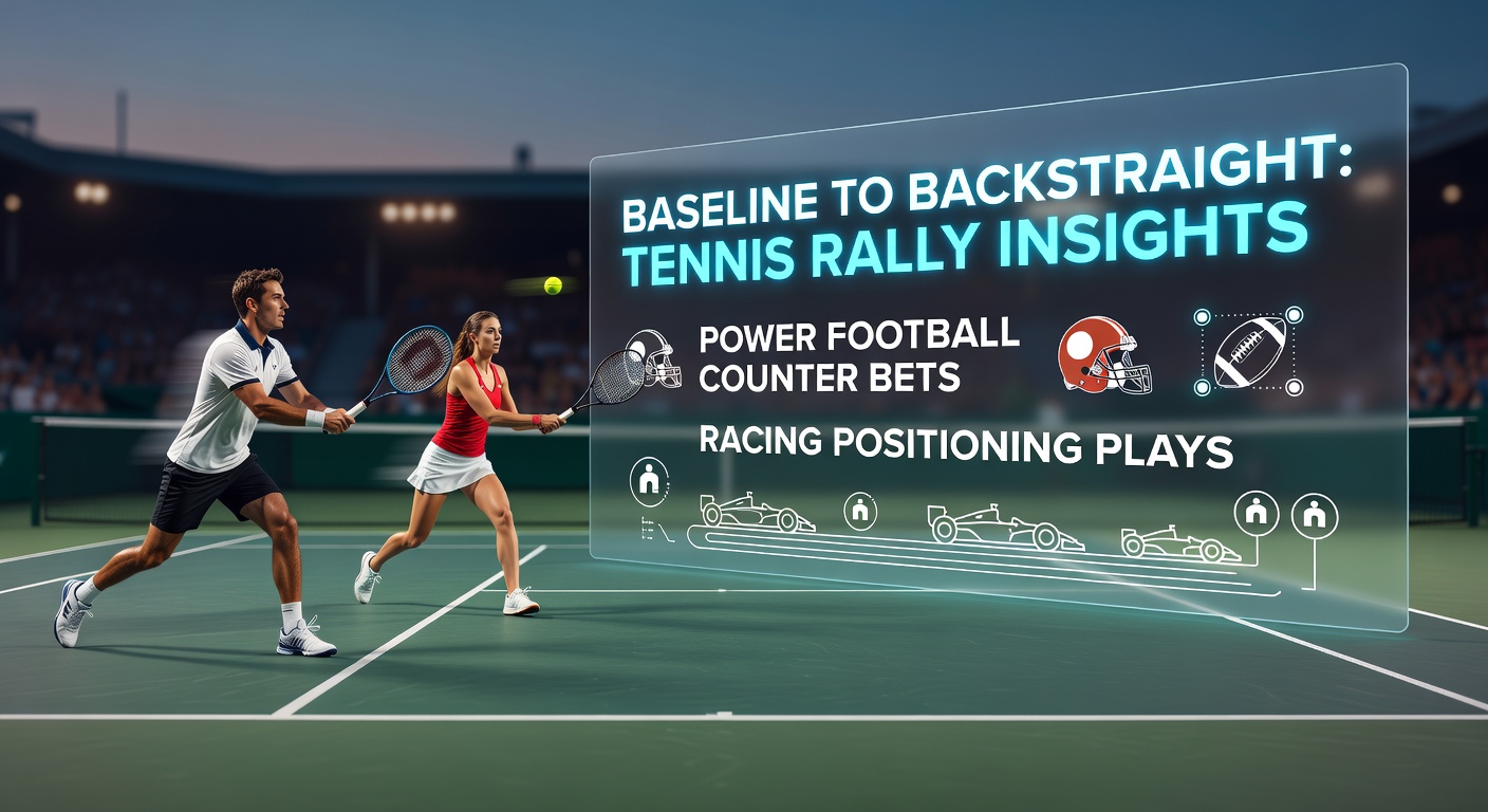 Tennis player mid-rally on clay court, transitioning to football counter-attack and horse racing straight