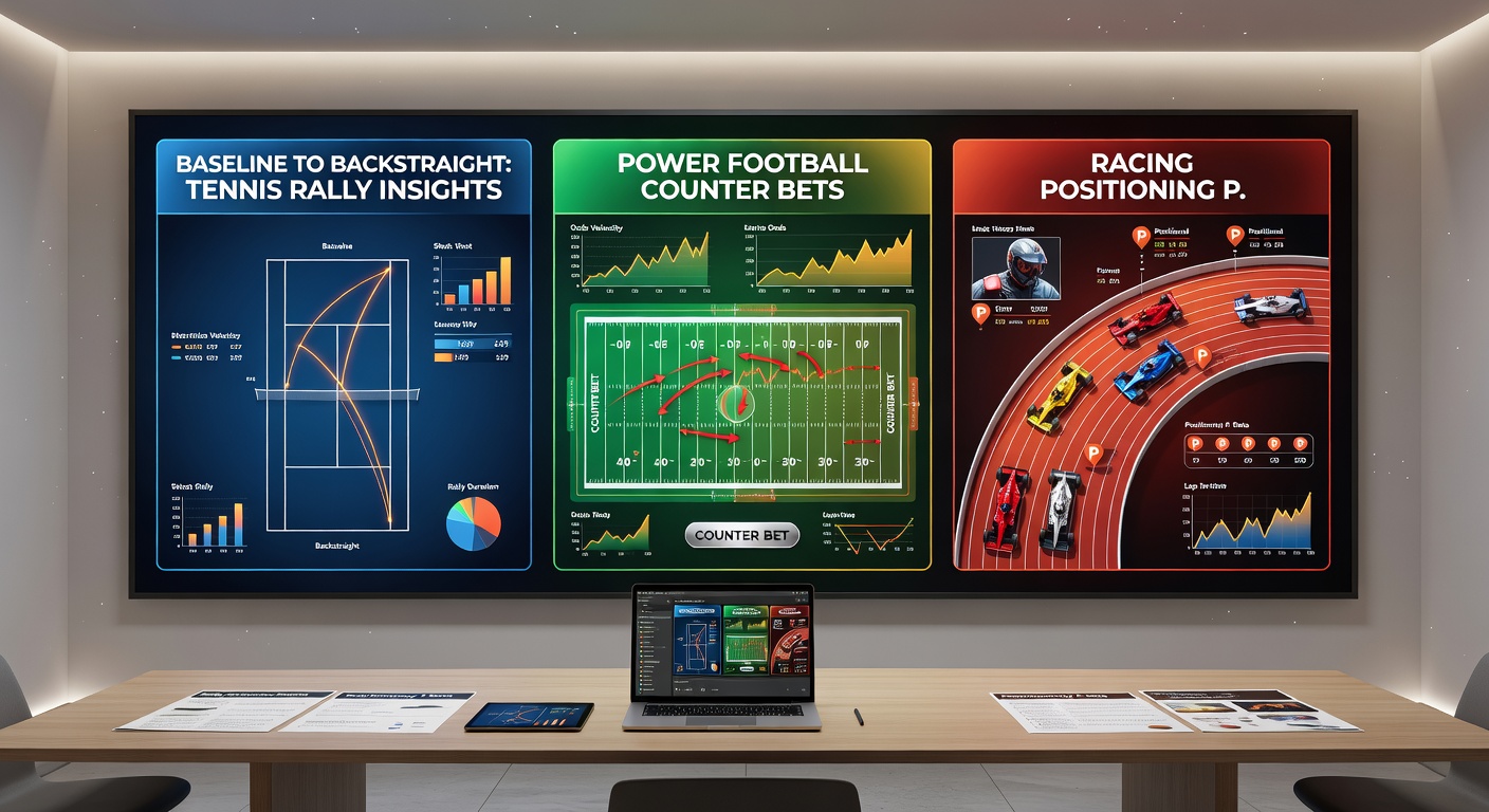 Horse racing field entering backstraight, with inset of tennis baseline rally and football counter