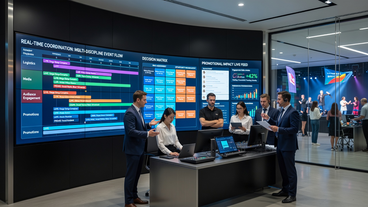 Analytics team adjusting promotional parameters on shared dashboards while monitoring tennis, soccer, and racing streams