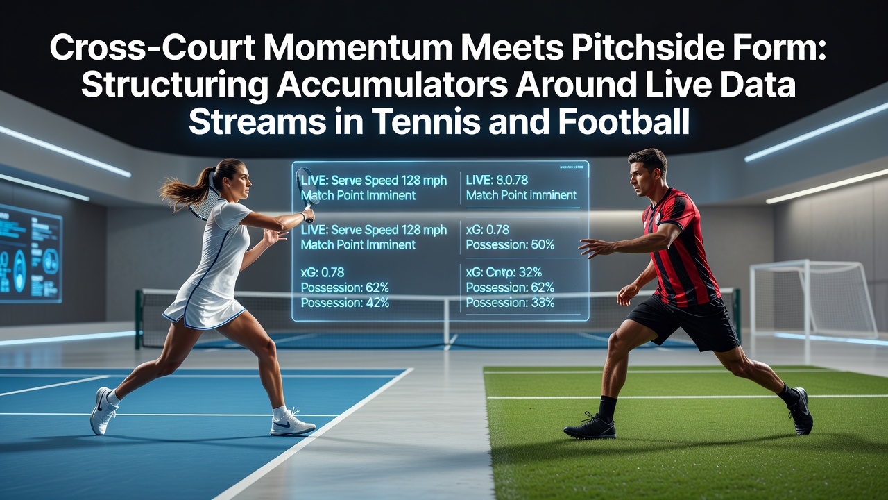 Tennis player in action with live statistics overlay beside a football pitch showing form metrics