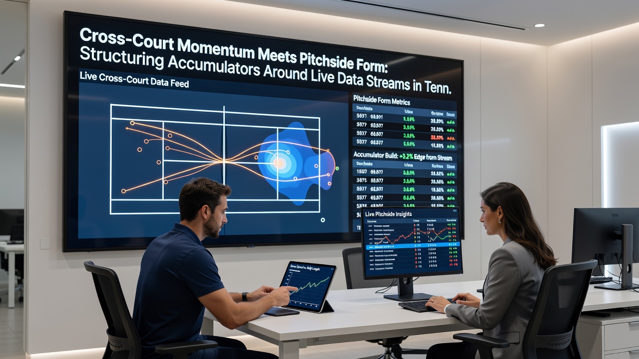 Split screen showing tennis court analytics and football pitch data streams during live events