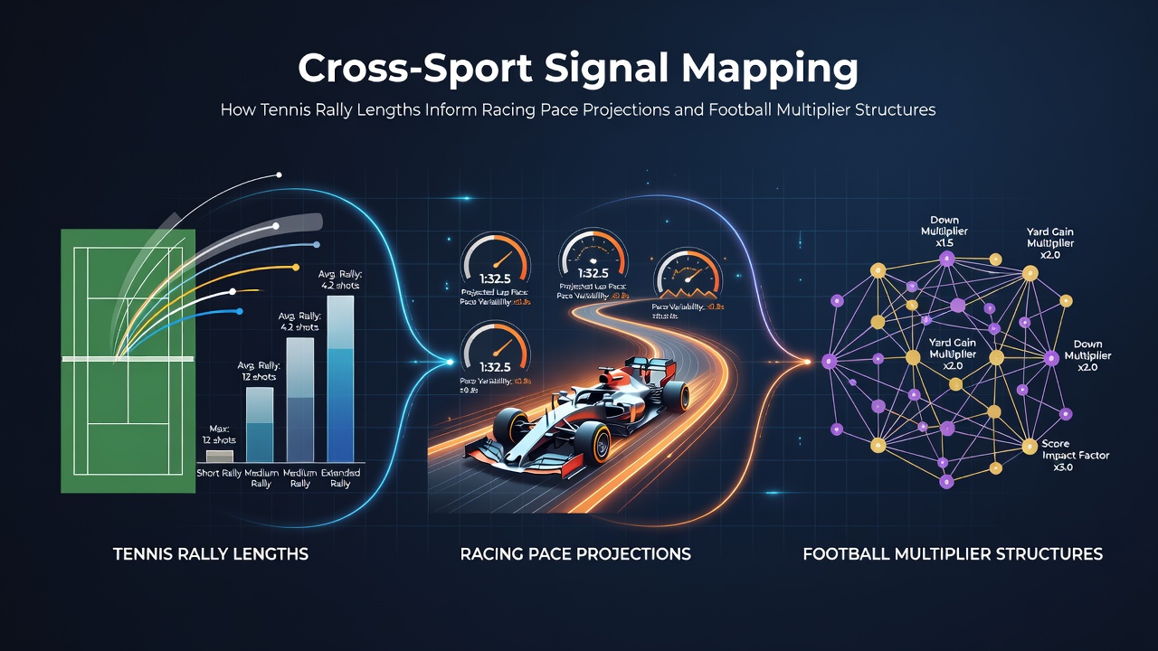 Tennis court with overlaid data graphs showing rally length patterns connected to racing track and football pitch analytics