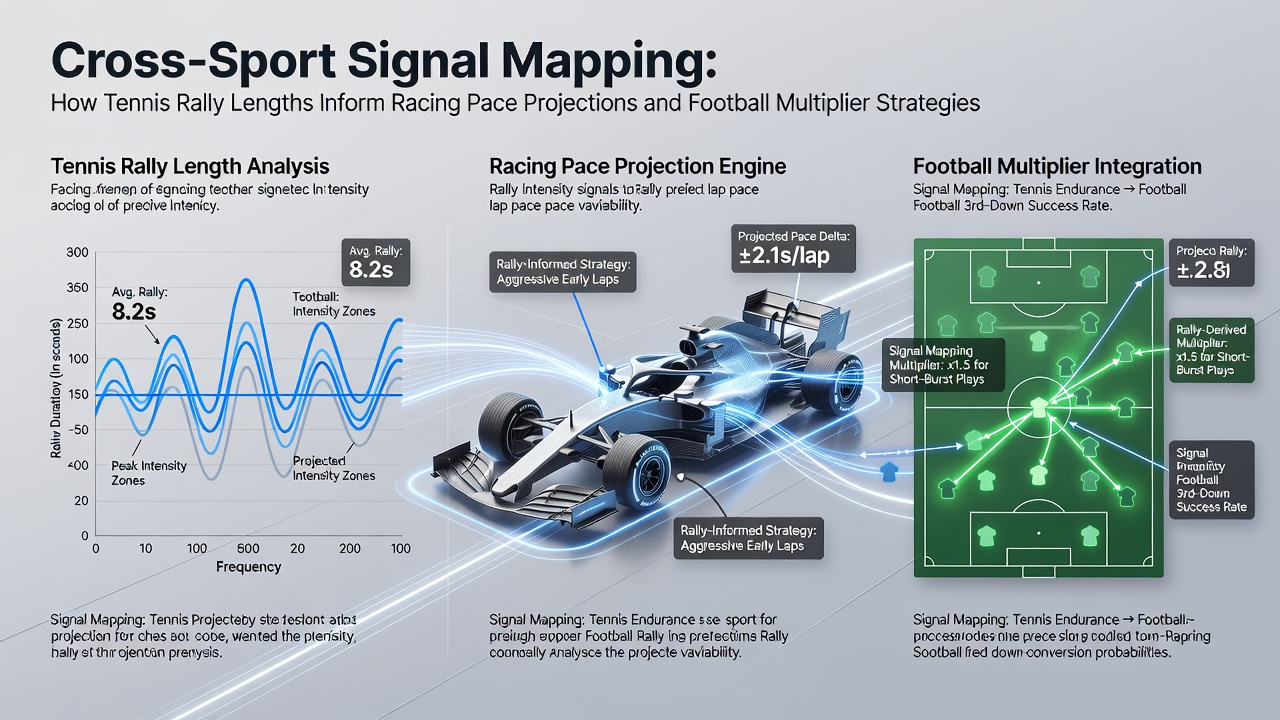 Split-screen graphic displaying synchronized data streams from tennis rallies, horse racing sections, and football match events