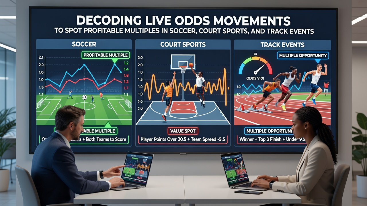 Tennis court action alongside athletics track with overlaid odds fluctuation graphs