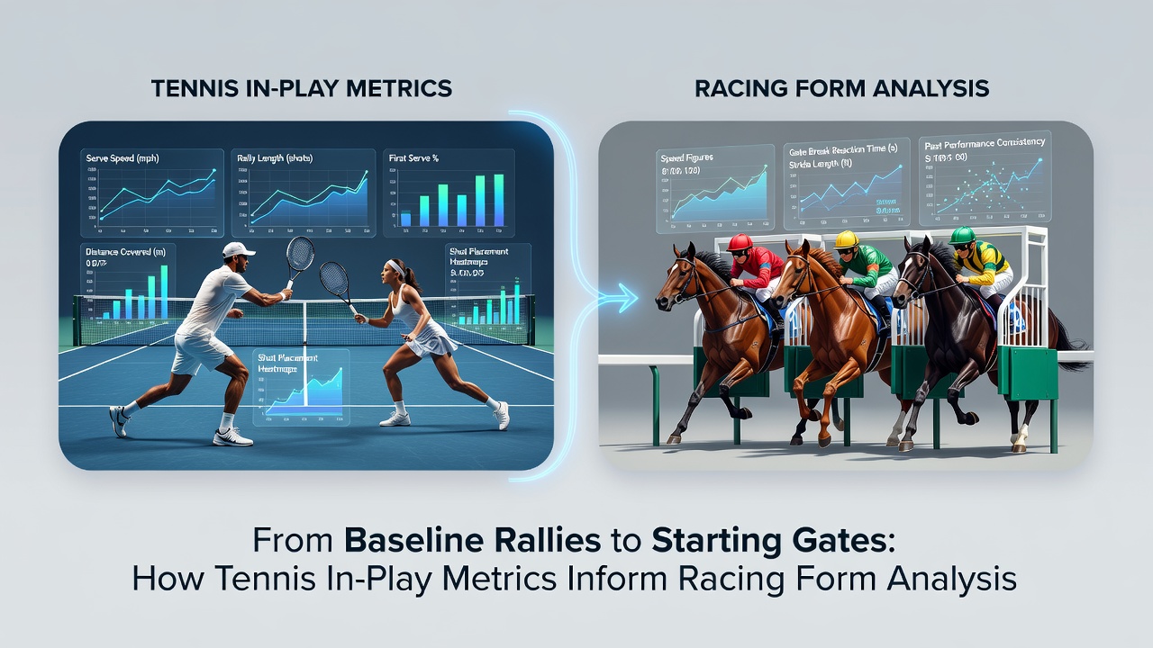 Split screen showing tennis momentum graphs beside horse racing sectional charts and soccer match probability tables