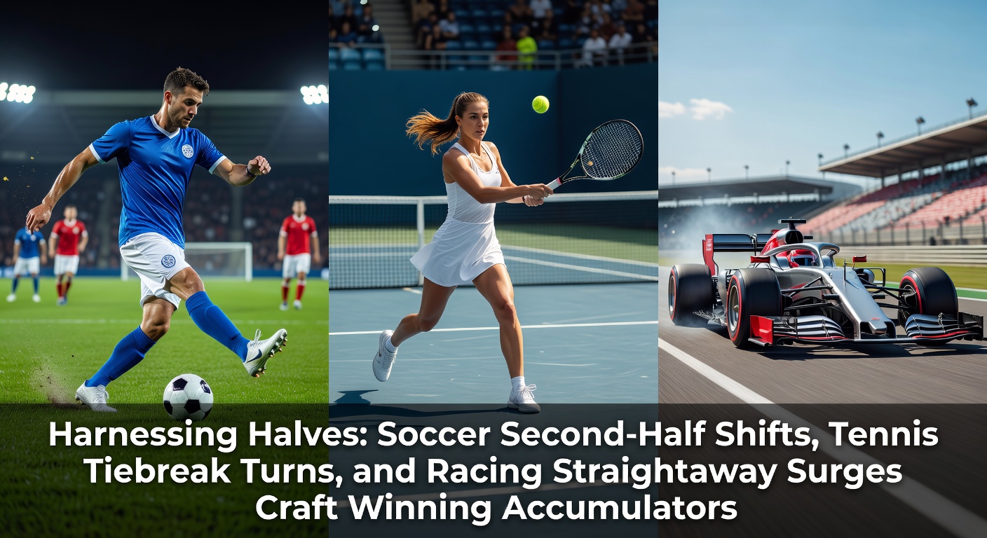 A dynamic split-image showing a soccer player celebrating a second-half goal, a tennis player winning a tiebreak point, and horses charging down a racing straightaway, illustrating key betting momentum shifts.