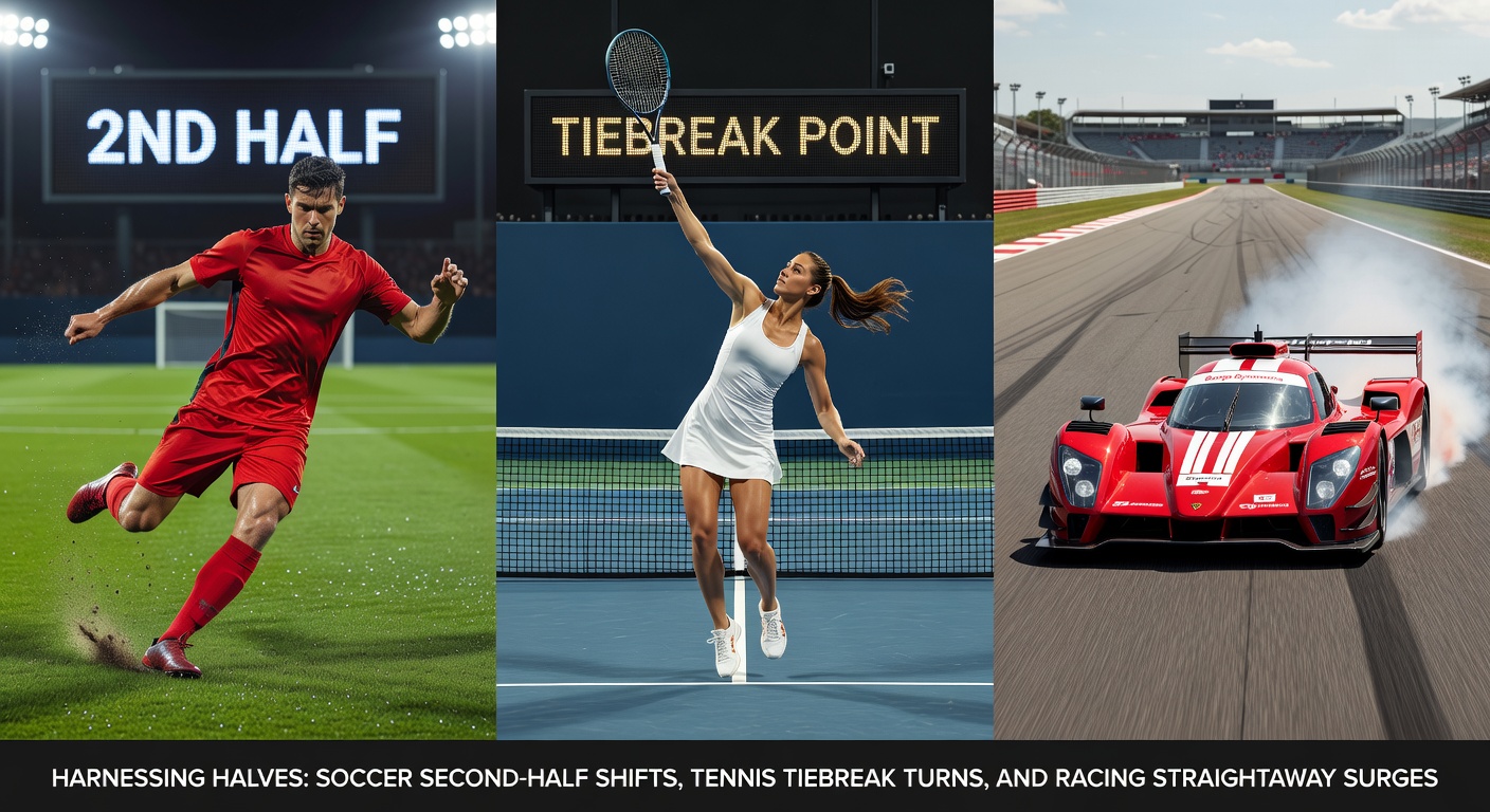 Close-up action shots of a tense soccer second-half corner kick, a tennis tiebreak ace serve, and a horse racing straightaway battle for the lead, capturing the high-drama surges bettors target.