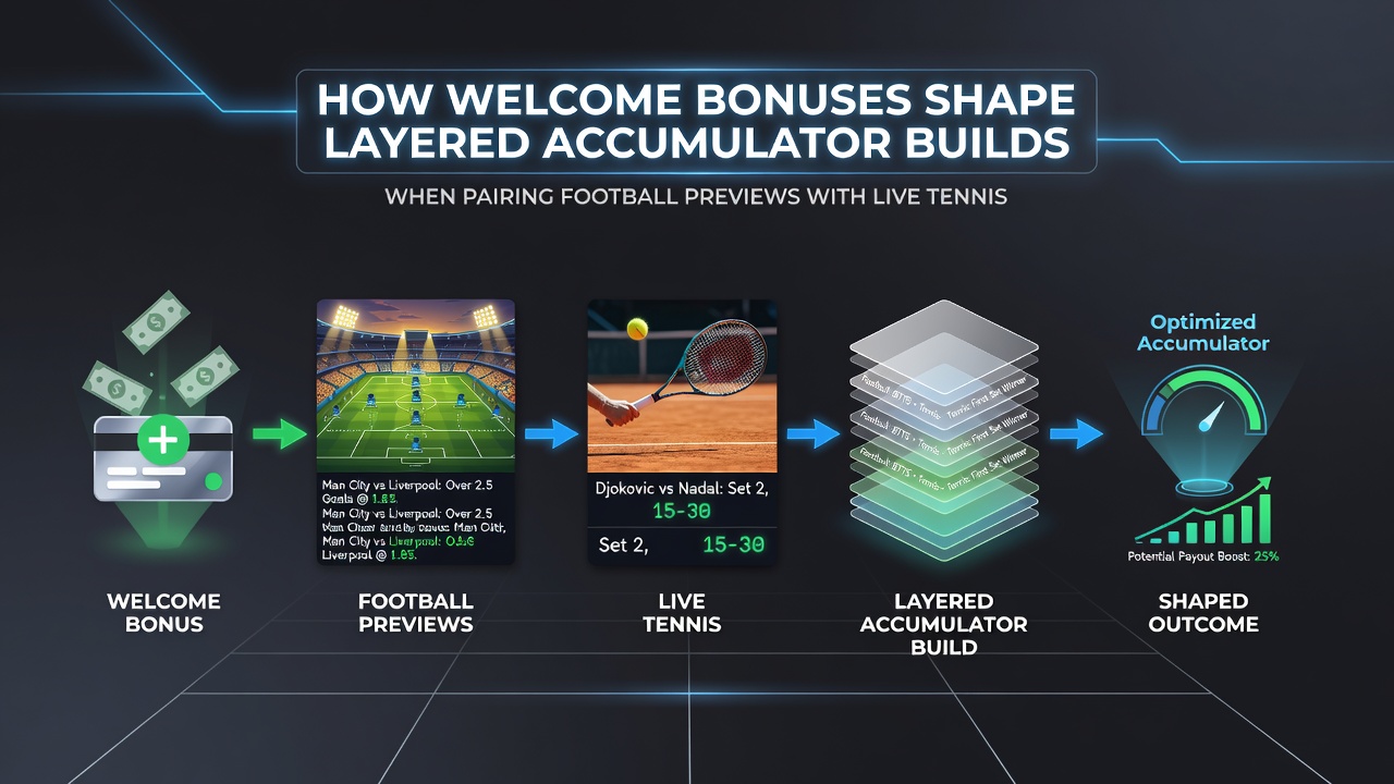 Chart displaying how welcome bonus multipliers apply across multi-sport accumulator paths involving soccer previews, tennis momentum shifts, and racing performance records