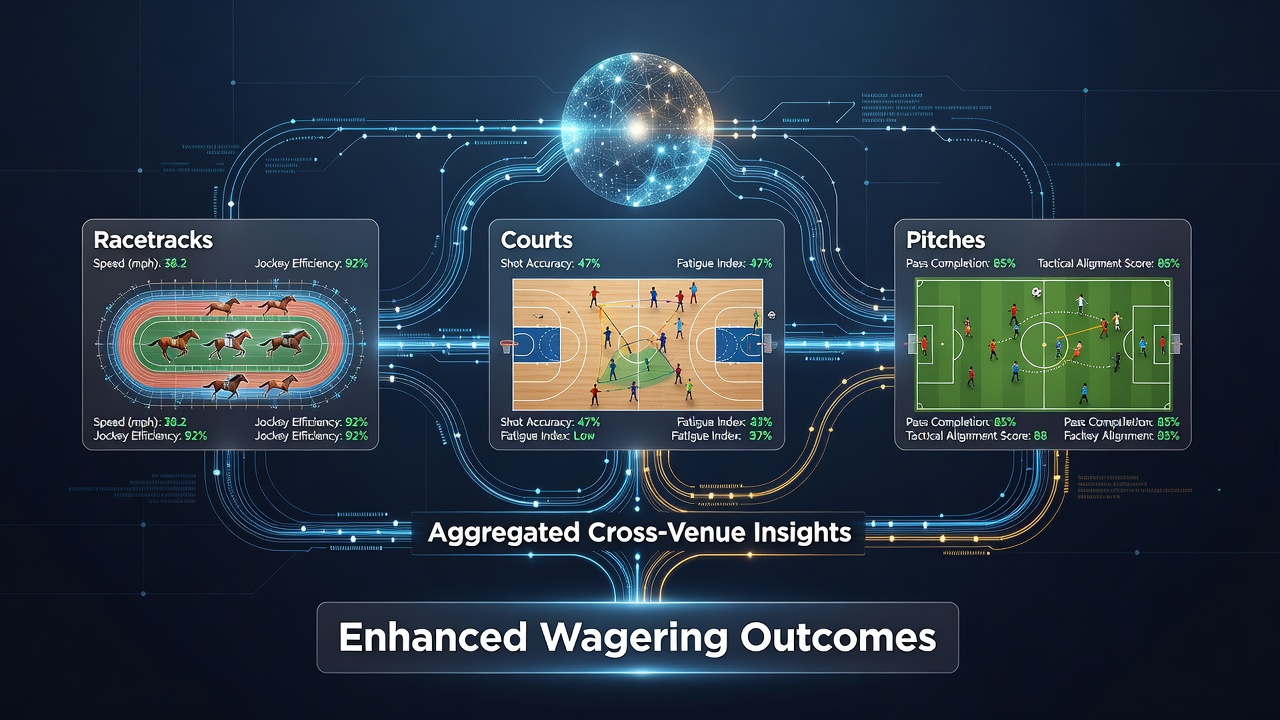Performance data overlays showing connections between horse racing form, tennis momentum metrics, and soccer pitch statistics on a digital dashboard