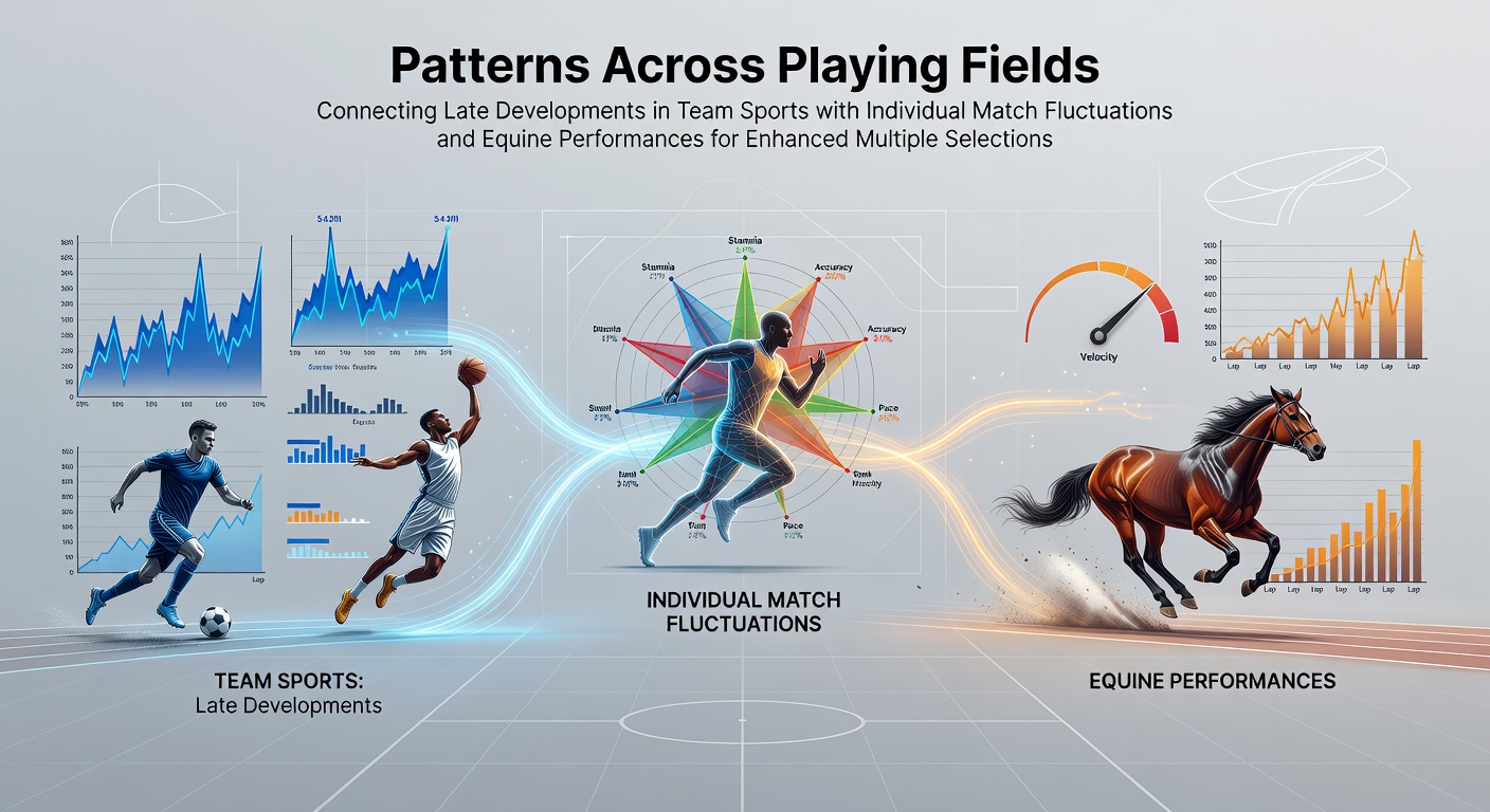 Sports fields showing late game developments in soccer, tennis and horse racing connected through data patterns