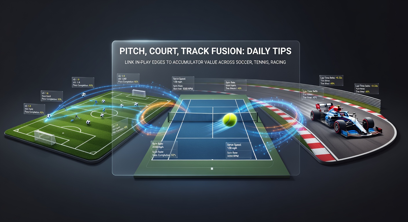 Dynamic fusion of soccer pitch action, tennis court rallies, and racing track sprints highlighting in-play betting opportunities