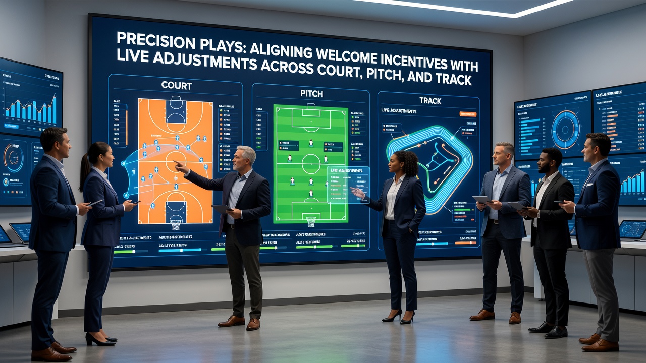 Live betting dashboard displaying synchronized welcome incentives across tennis court, football pitch, and racing track markets