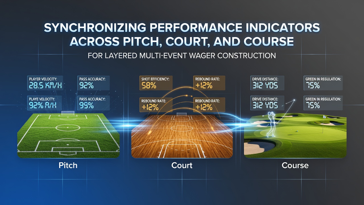 Performance indicator charts overlaying soccer pitch, tennis court, and horse racing course visuals for betting synchronization