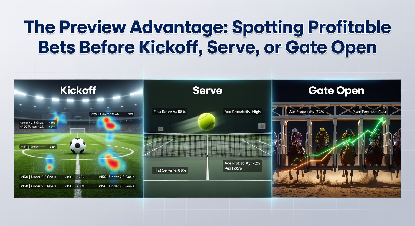 Analyst poring over pre-event data charts and odds sheets on multiple screens, highlighting key metrics for upcoming soccer, tennis, and horse racing fixtures