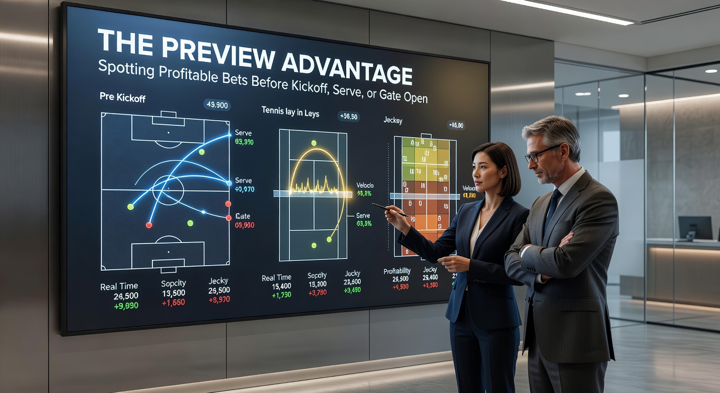 Close-up of a tennis racquet beside a laptop displaying serve stats and odds previews for an upcoming ATP tournament match
