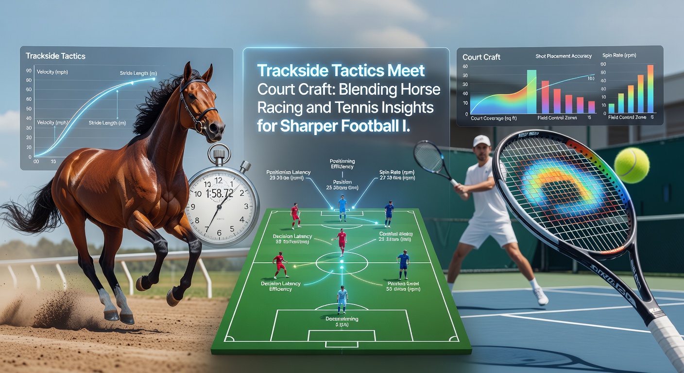 Soccer player launching a counter-attack alongside overlaid graphics of a horse race field and tennis scoreboard, illustrating cross-sport accumulator tactics