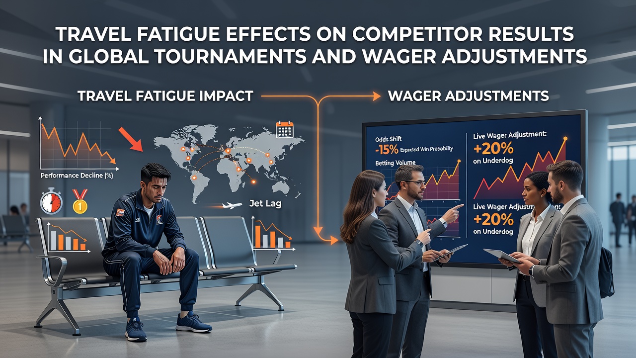 Sports analysts reviewing performance data and travel logs while adjusting wager models for upcoming global tournaments
