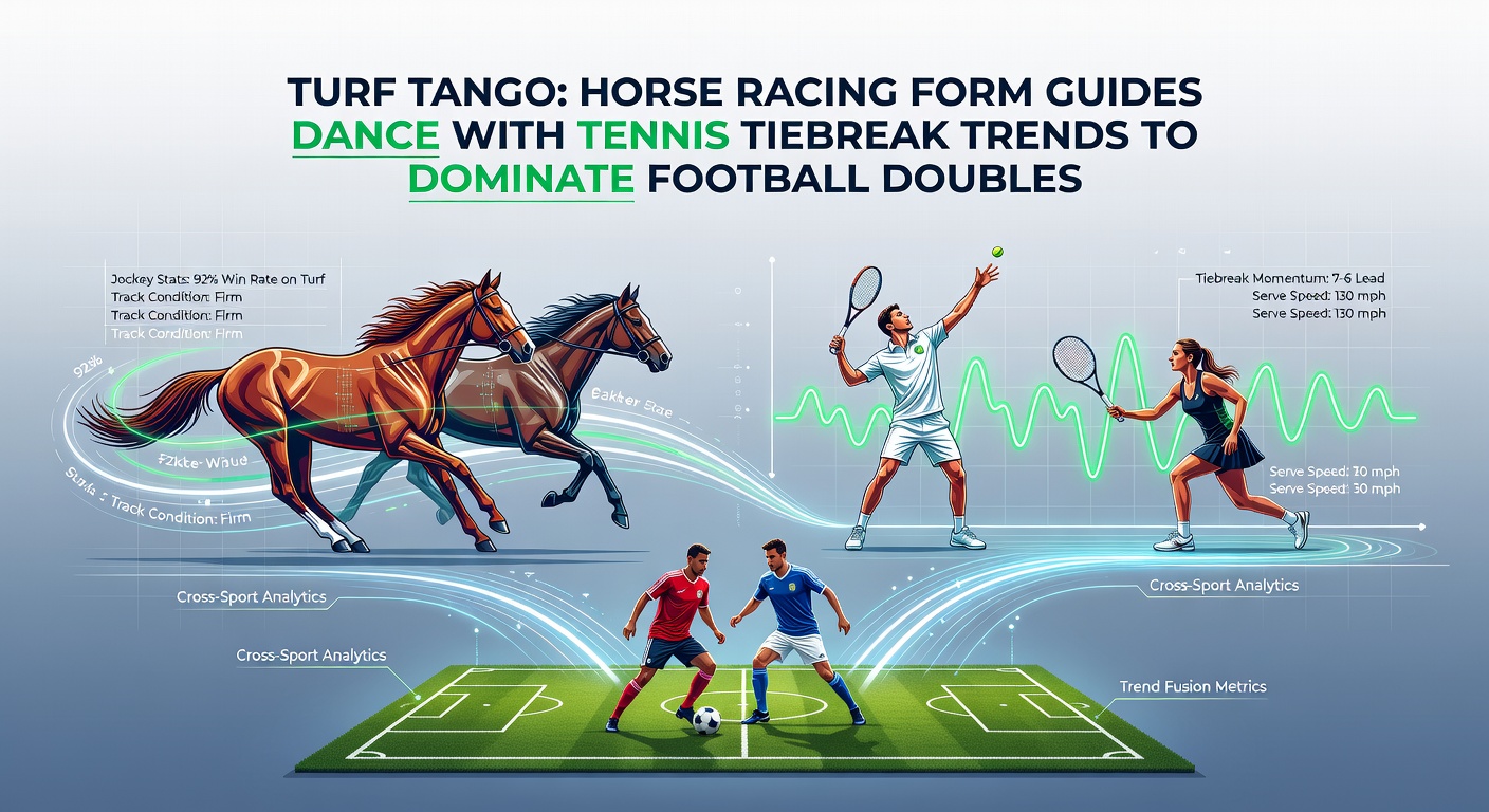 Dynamic graphic of horse, tennis player mid-tiebreak, and football duo colliding in a strategic betting web