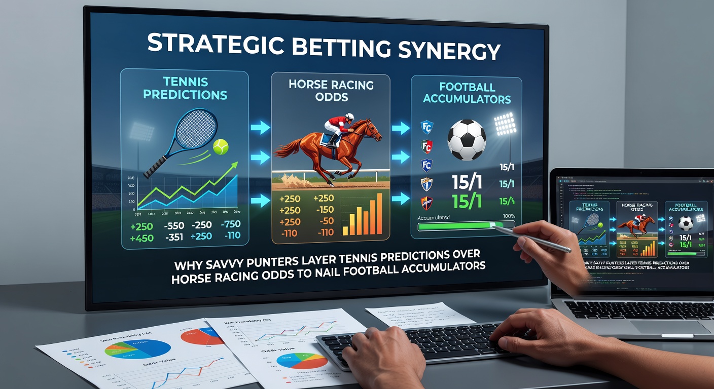 Savvy punters poring over tennis match stats, horse racing form sheets, and football accumulator slips on a betting desk cluttered with screens and notepads