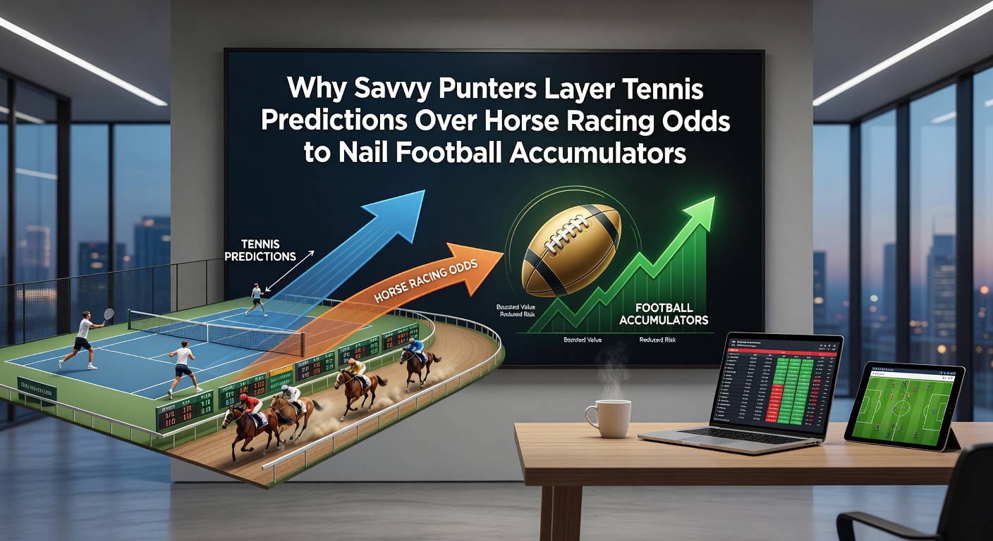 Close-up of a digital betting interface displaying overlaid tennis live stats, horse racing odds boards, and a building football accumulator with green ticks on early legs